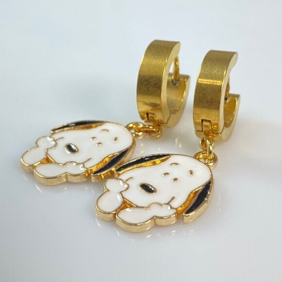 Snoopy Dog on Stainless Steel Huggie Hoop Earrings - Picture 5 of 5